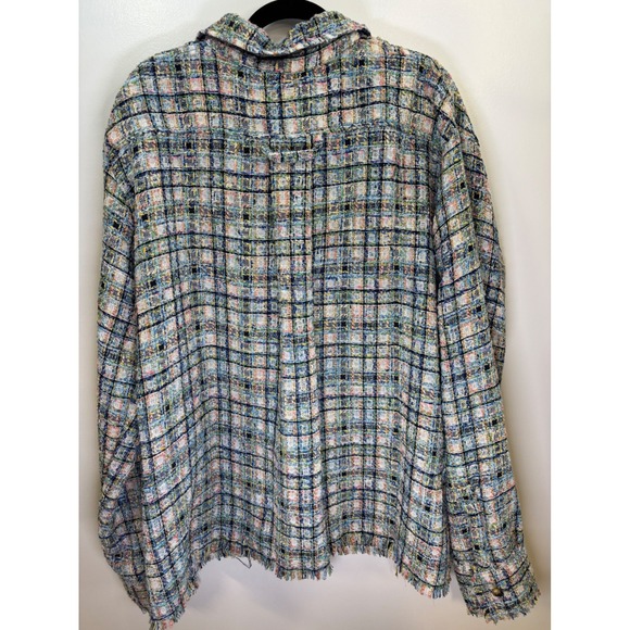 mnml Raw Edge Flannel Shirt Jacket Blue White Plaid Tweed Frayed Hem Men's L - Picture 5 of 8